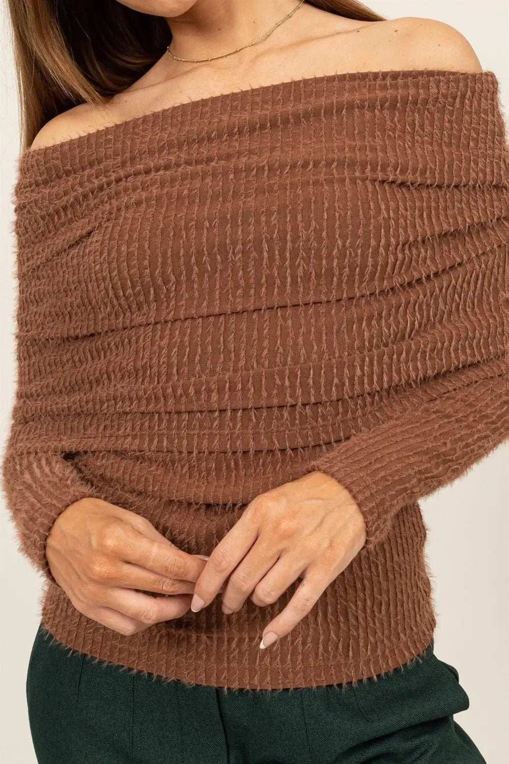 HYFVE Fuzzy Off Shoulder Textured Knit Top - Trendsi - Flyclothing LLC
