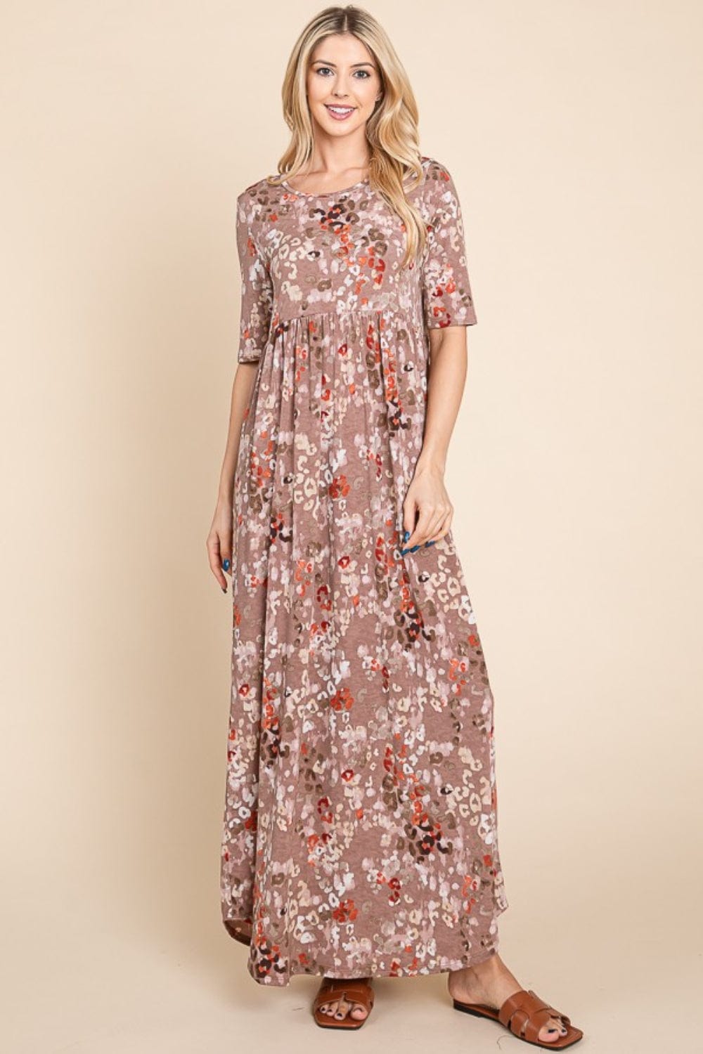 BOMBOM Printed Shirred Maxi Dress - Trendsi