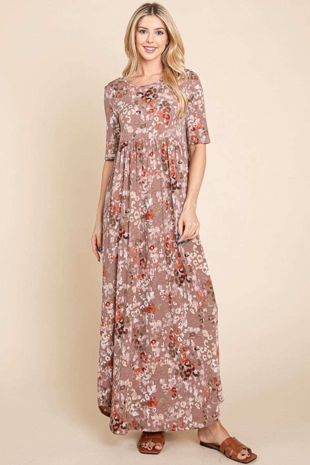 BOMBOM Printed Shirred Maxi Dress - Trendsi - Flyclothing LLC