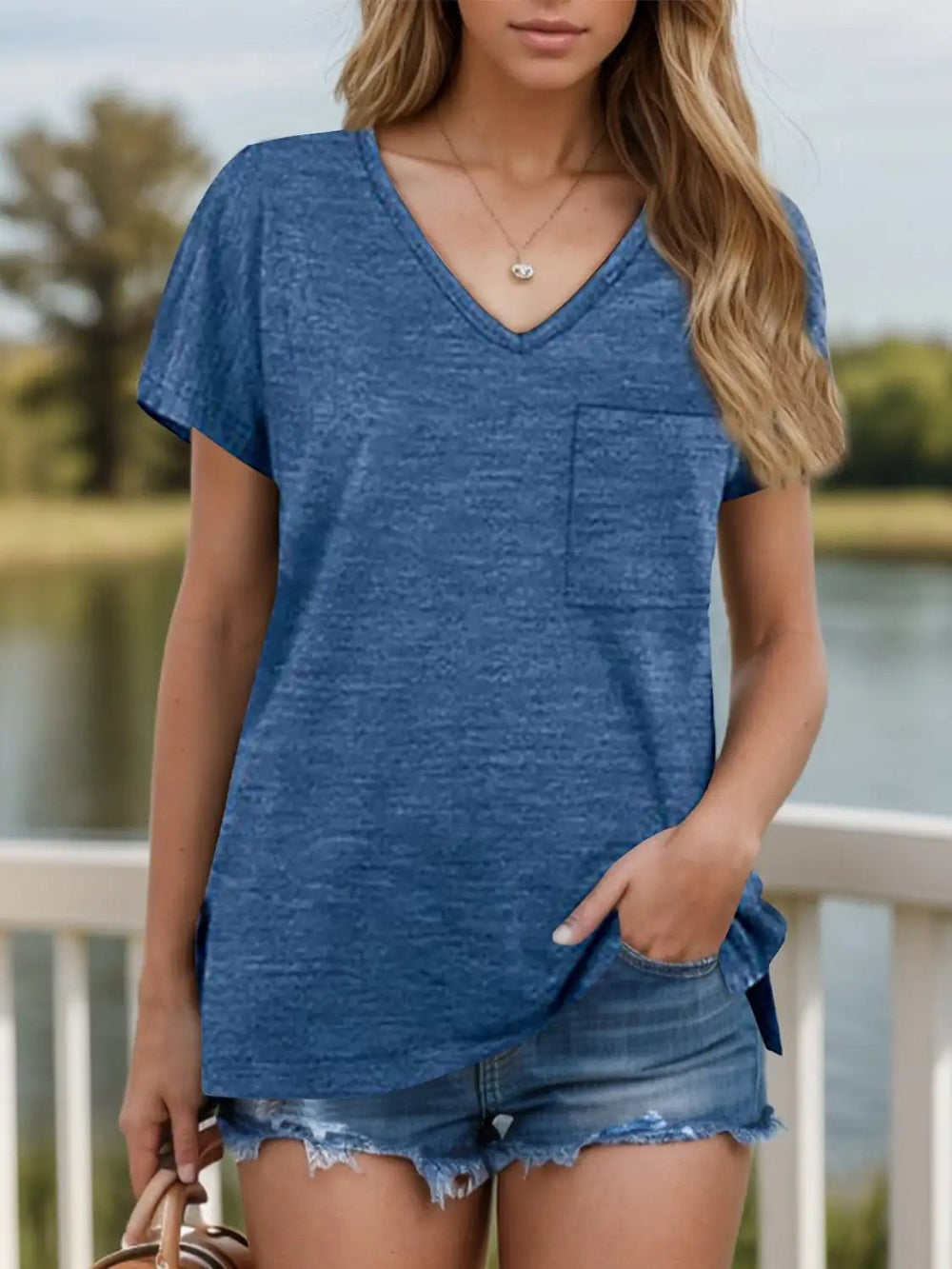 Pocketed Heathered V-Neck Short Sleeve T-Shirt - Trendsi