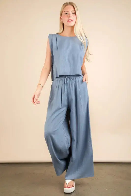 VERY J Solid Woven Top & Pants Set - Trendsi - Flyclothing LLC