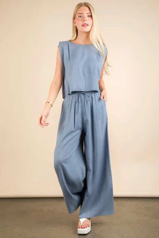 VERY J Solid Woven Top & Pants Set - Trendsi - Flyclothing LLC