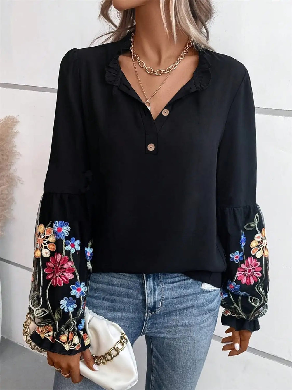 Embroidered Notched Long Sleeve Blouse - Trendsi