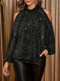 Frill Mock Neck Cold Shoulder Blouse - Trendsi