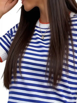 Contrast Trim Striped Short Sleeve Knit Top - Trendsi - Flyclothing LLC
