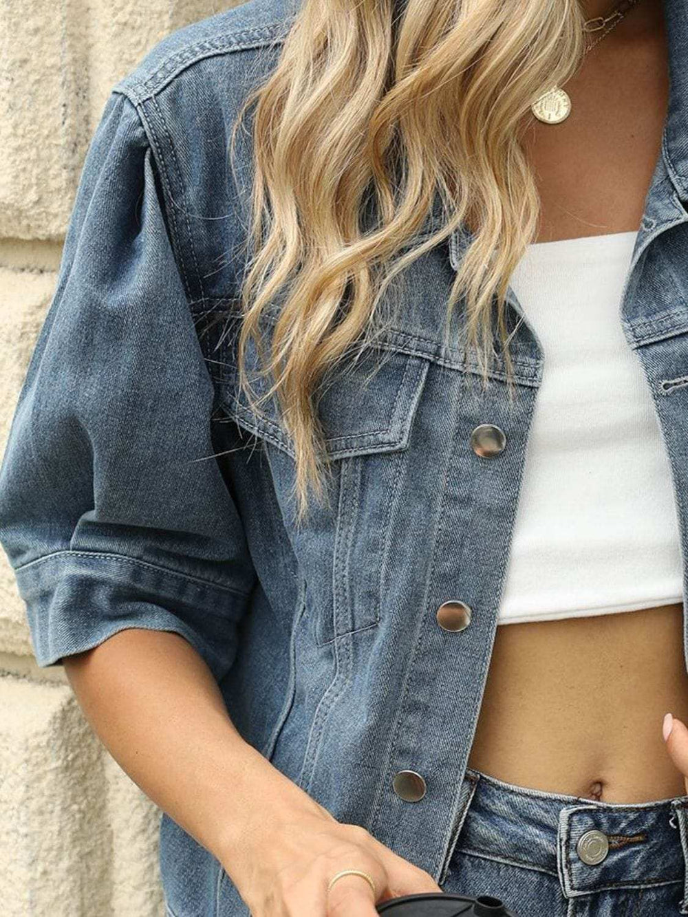 Button Down Washed Denim Jacket - Trendsi - Flyclothing LLC