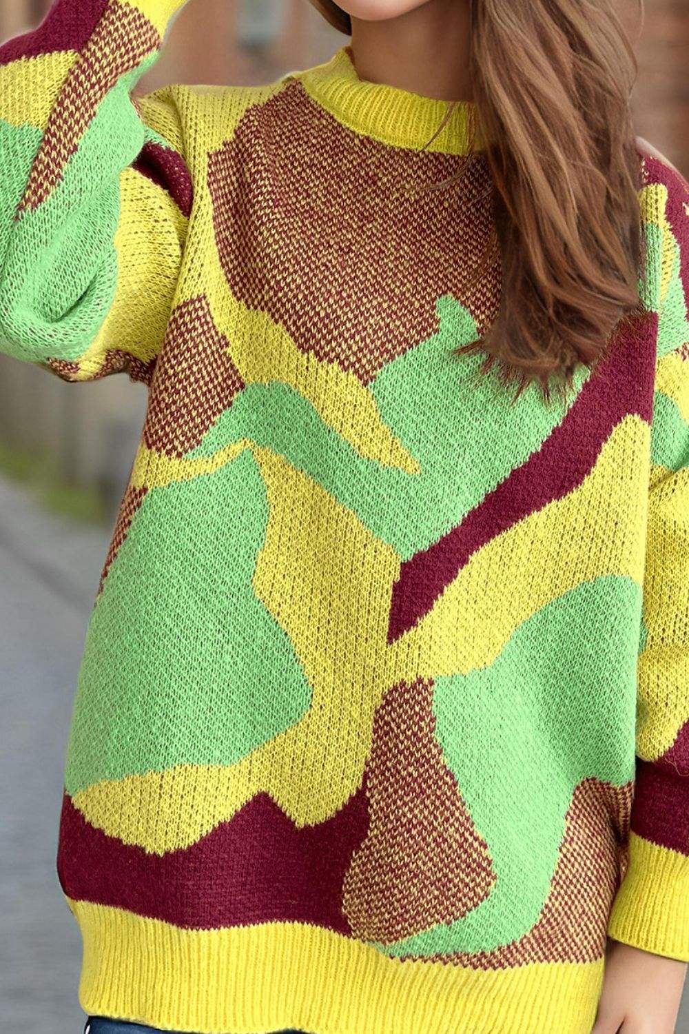 Contrast Round Neck Long Sleeve Sweater - Trendsi - Flyclothing LLC