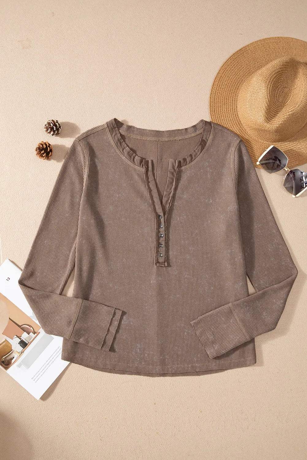 Notched Long Sleeve Top - Trendsi - Flyclothing LLC
