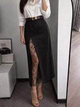 Elegant Lace-Trimmed Slit A-Line Skirt - Trendsi - Flyclothing LLC