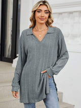 Slit Johnny Collar Long Sleeve T-Shirt - Trendsi - Flyclothing LLC