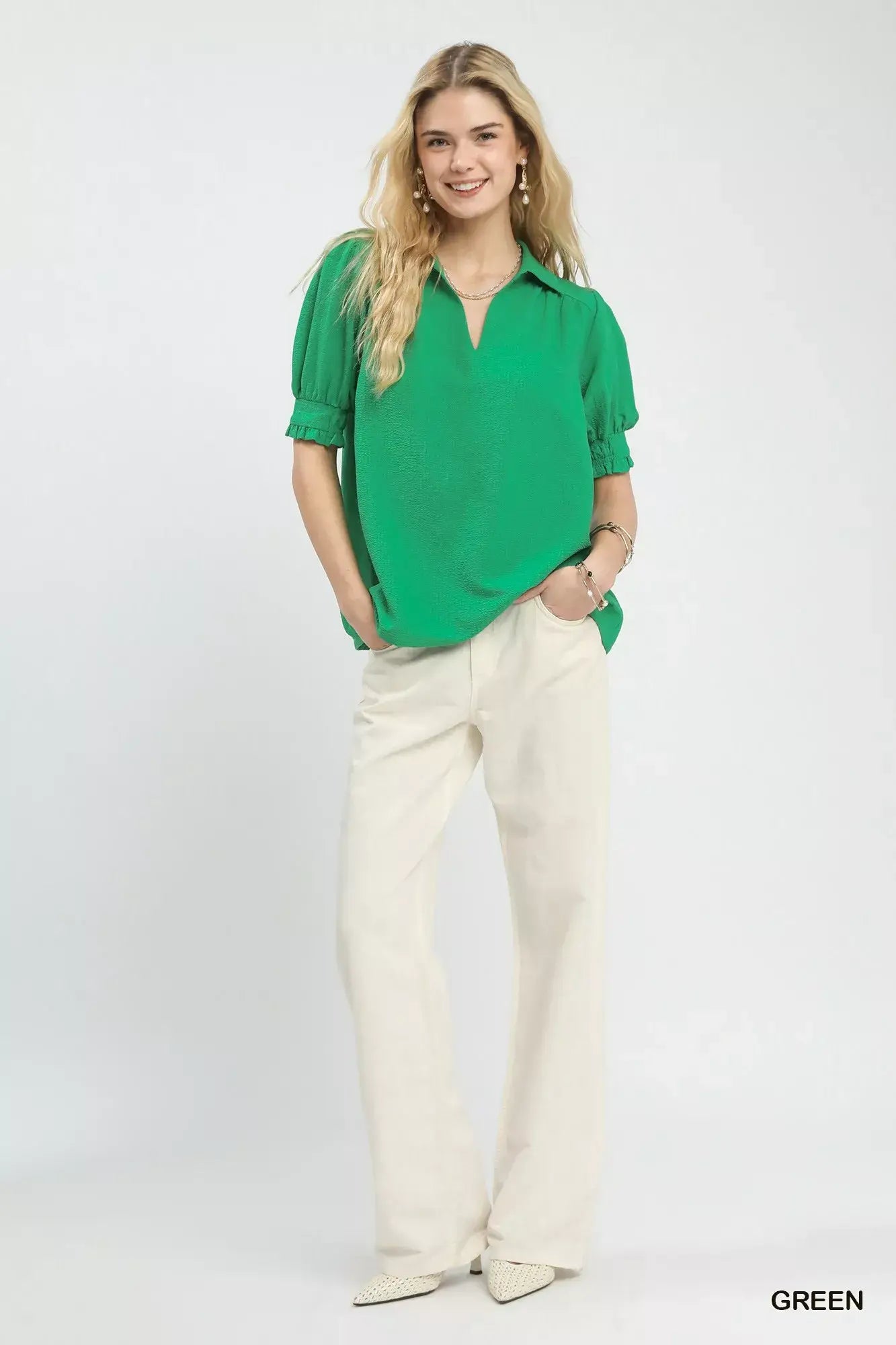 Umgee Seersucker Puff Sleeve Blouse - Trendsi - Flyclothing LLC