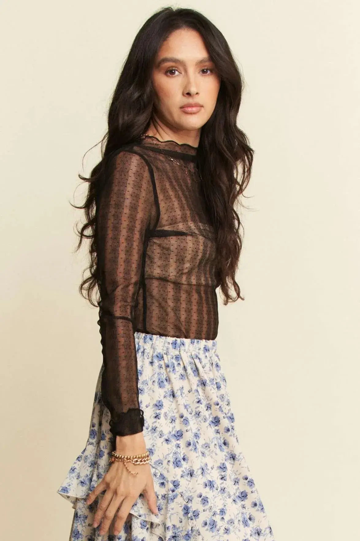 Davi & Dani Turtle Neck Lace Dotted Stretch Mesh Sheer Top - Trendsi - Flyclothing LLC