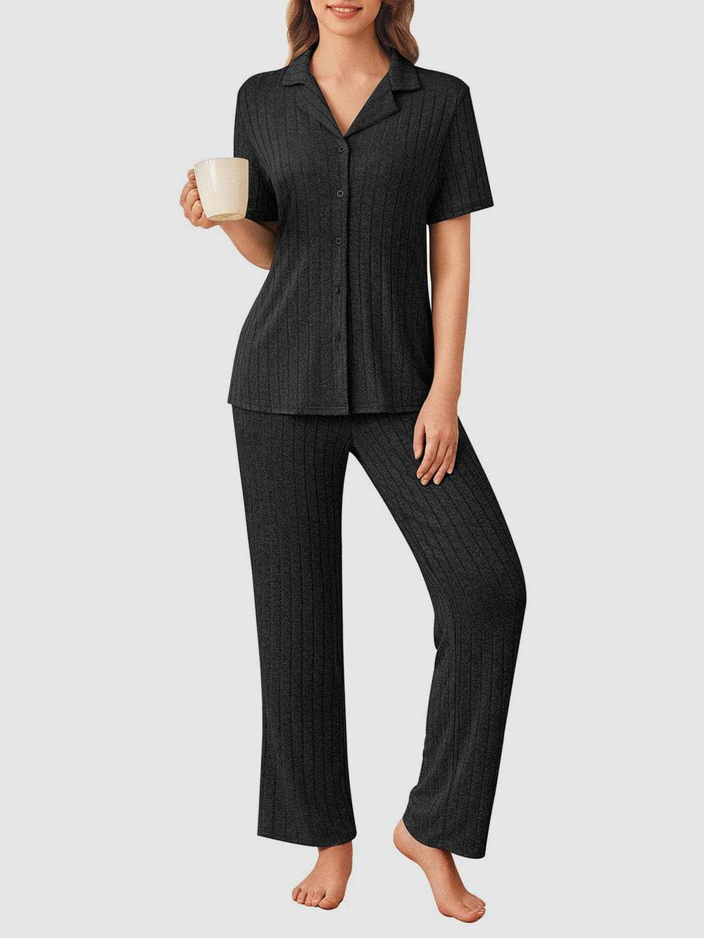 Button Down Long Sleeve Top and Pants Lounge Set - Trendsi - Flyclothing LLC