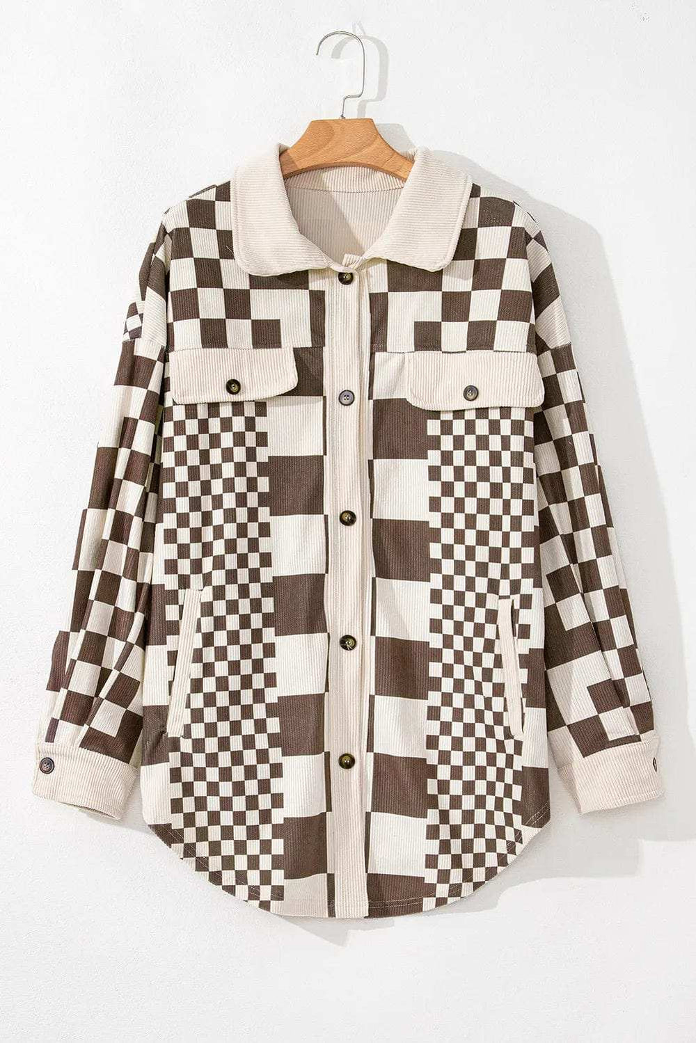 Plus Size Checkered Button Up Long Sleeve Jacket - Trendsi - Flyclothing LLC