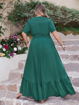 Plus Size Button Detail V-Neck Short Sleeve Maxi Dress - Trendsi - Flyclothing LLC