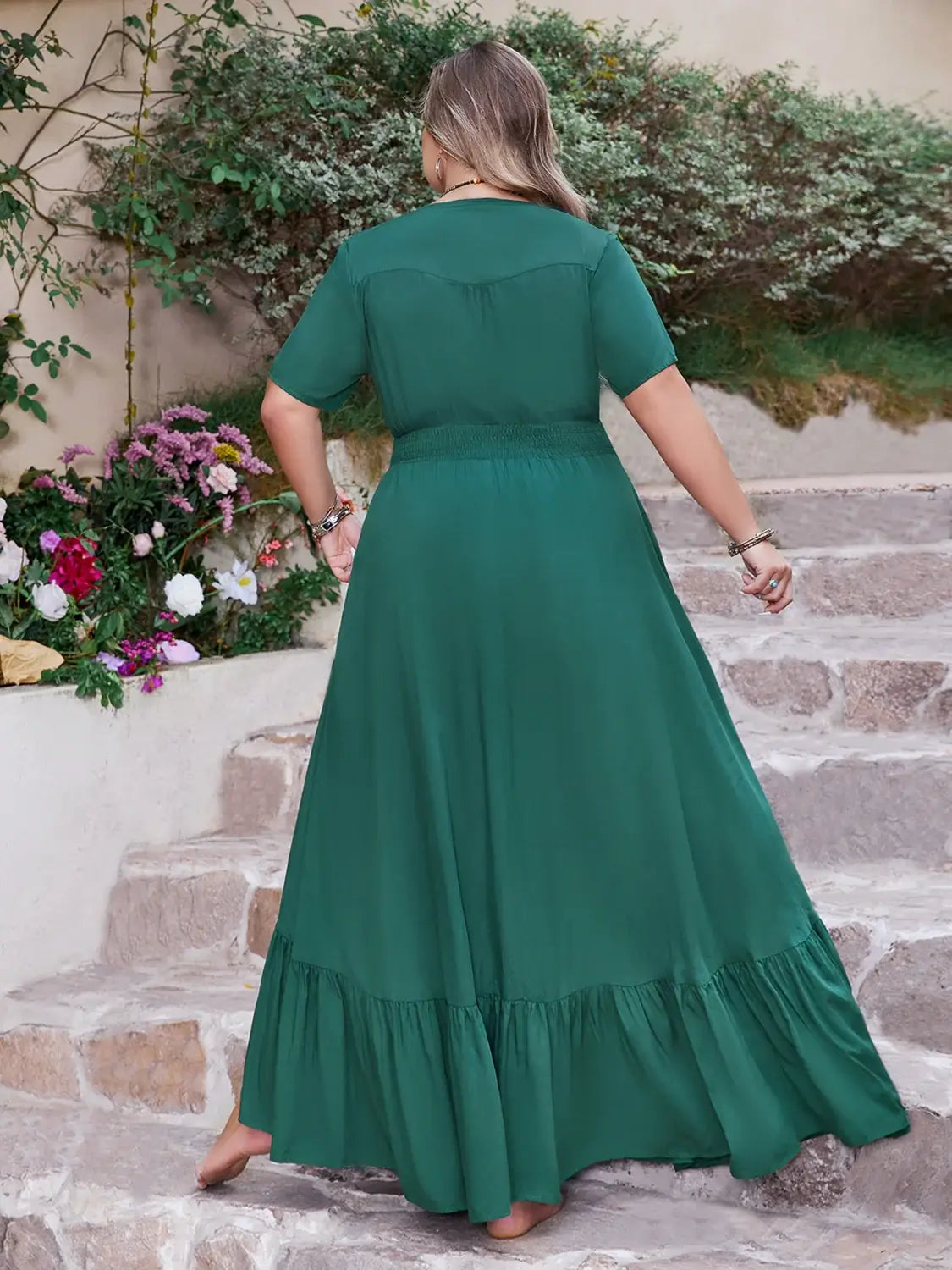 Plus Size Button Detail V-Neck Short Sleeve Maxi Dress - Trendsi - Flyclothing LLC