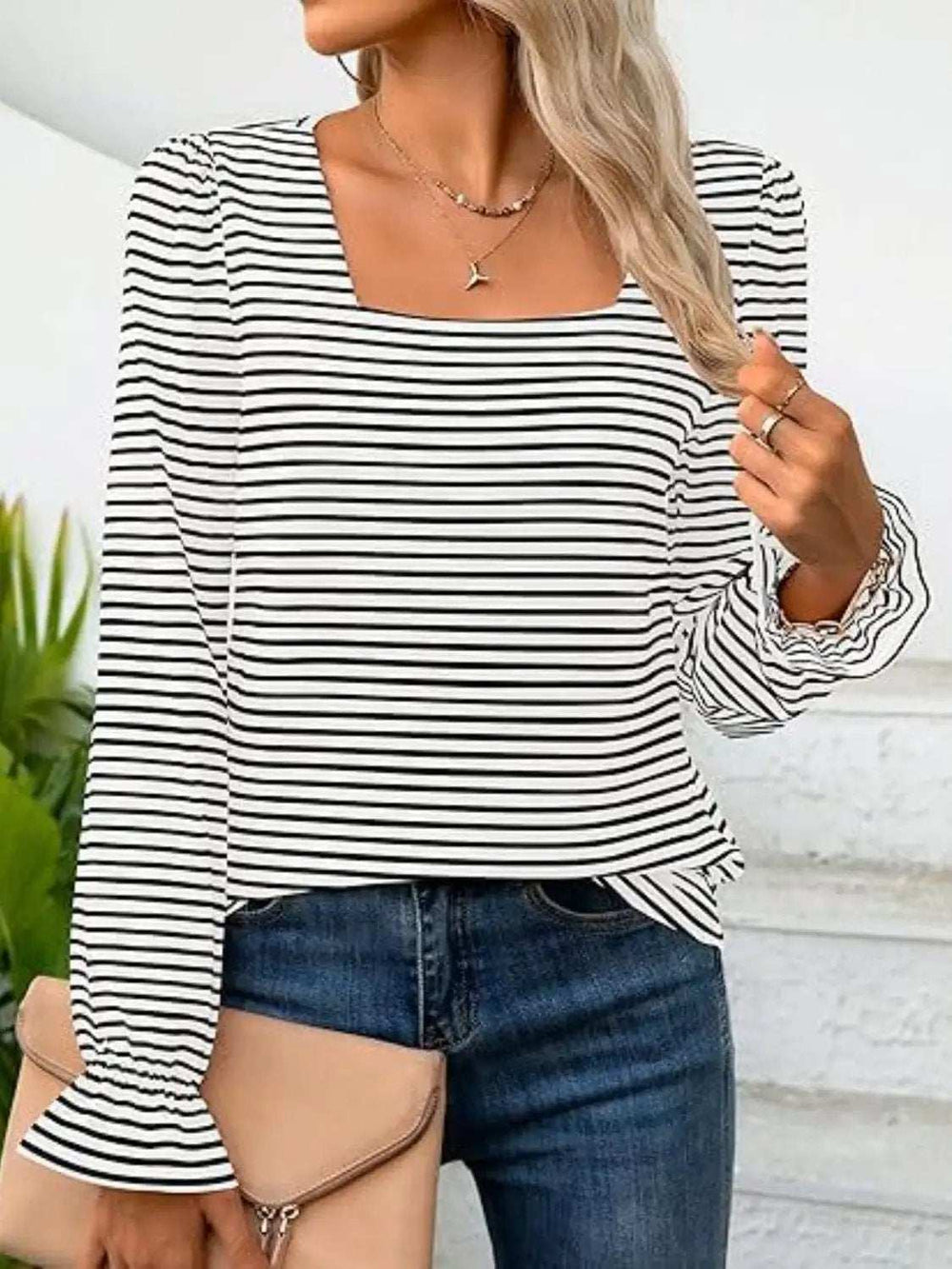Striped Square Neck Flounce Sleeve Top - Trendsi - Flyclothing LLC