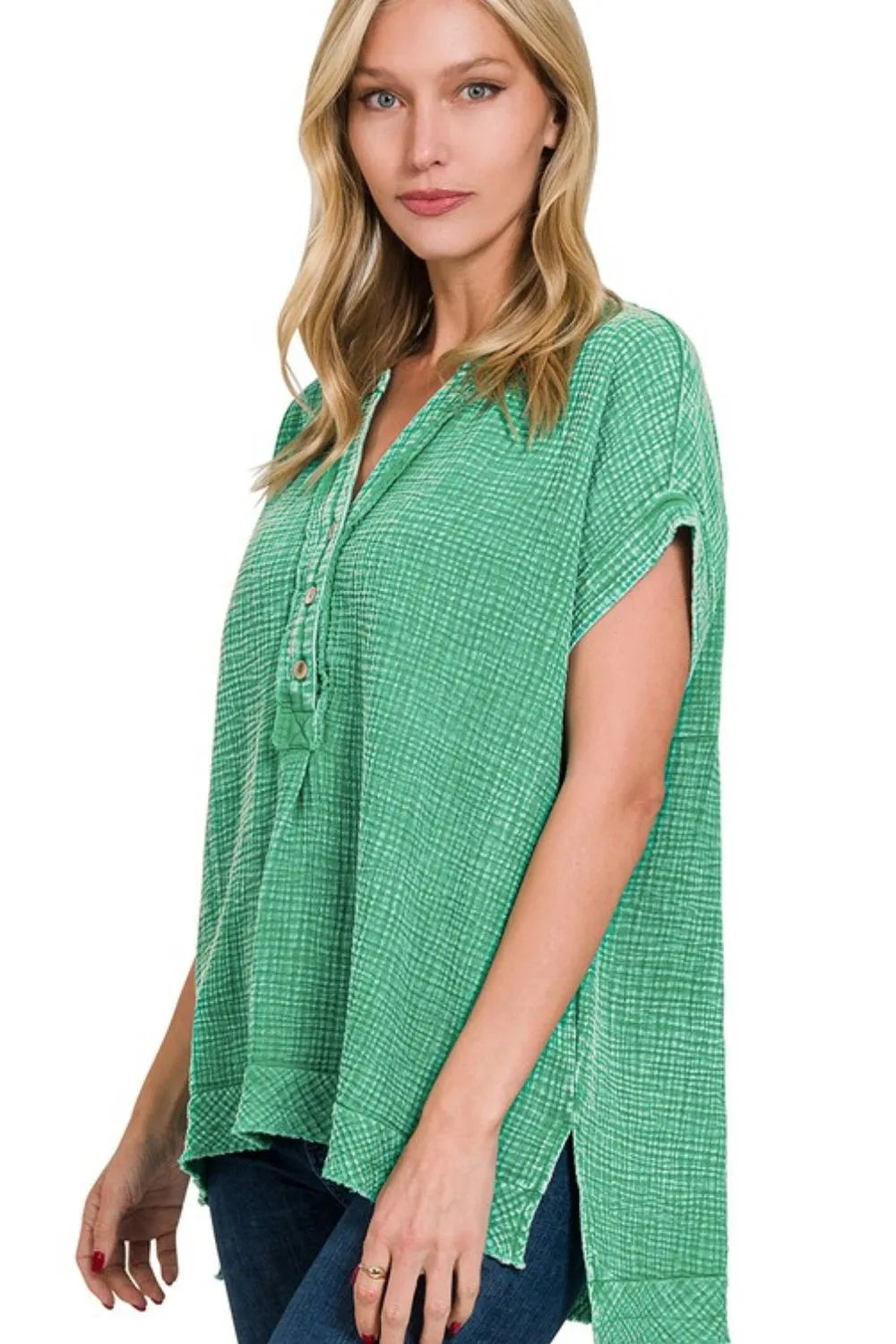 Zenana Washed Double Gauze 3/4 Button Henley Neck Shirt - Trendsi