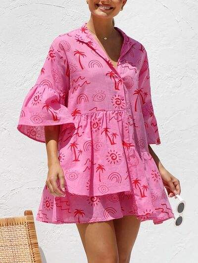 Button Detail Ruffled Hem Printed Mini Dress - Trendsi - Flyclothing LLC