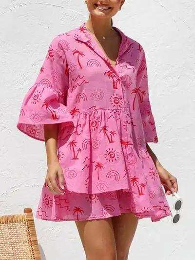 Button Detail Ruffled Hem Printed Mini Dress - Trendsi - Flyclothing LLC