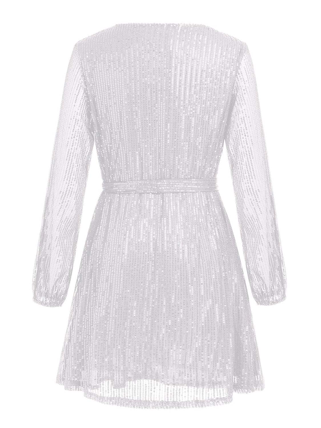 Sequin Tie Waist Long Sleeve Mini Dress - Trendsi - Flyclothing LLC