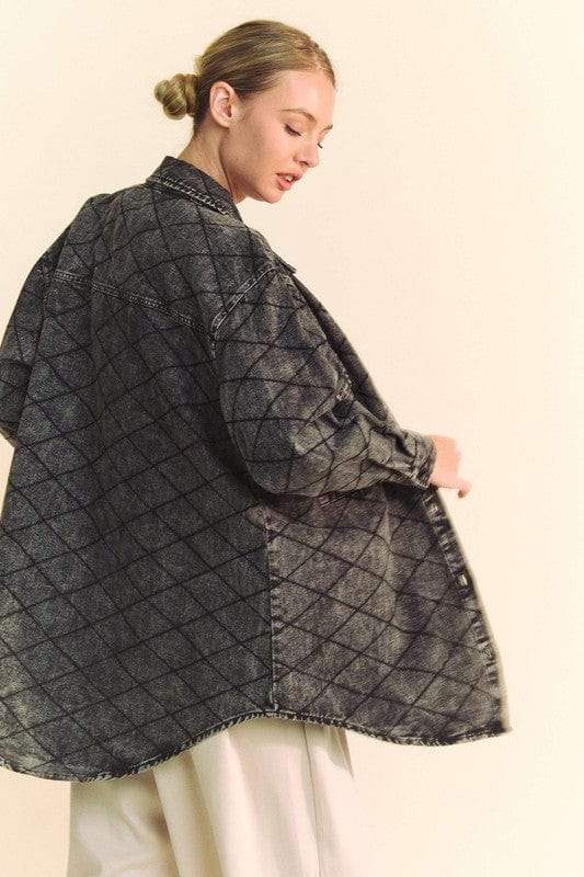 Davi & Dani Curved Hem Diamond Quilted Button Up Denim Shacket - Trendsi - Flyclothing LLC