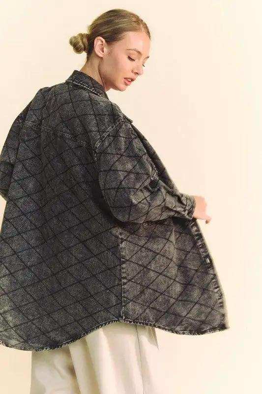 Davi & Dani Curved Hem Diamond Quilted Button Up Denim Shacket - Trendsi - Flyclothing LLC