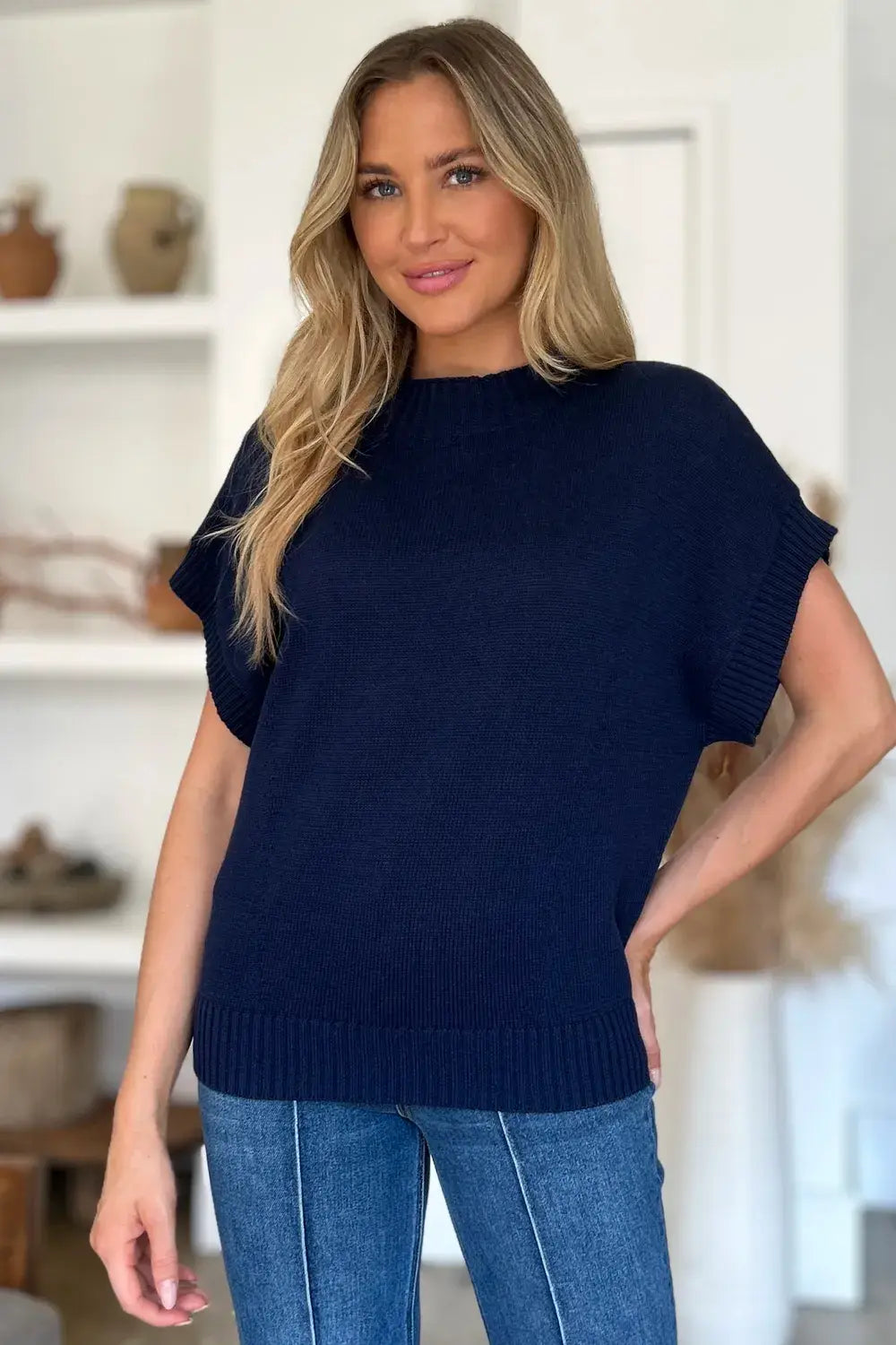 Double Take Full Size Mock Neck Short Sleeve Sweater - Trendsi - Flyclothing LLC
