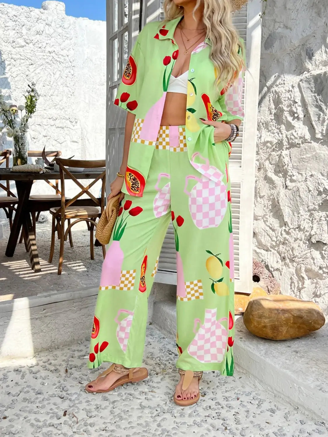 Devine Printed Collared Neck Half Sleeve Top and Pants Set - Trendsi - Flyclothing LLC