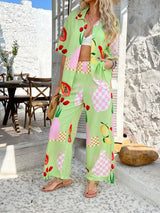 Devine Printed Collared Neck Half Sleeve Top and Pants Set - Trendsi - Flyclothing LLC