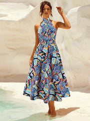 Ruched Printed Halter Neck Sleeveless Dress - Trendsi