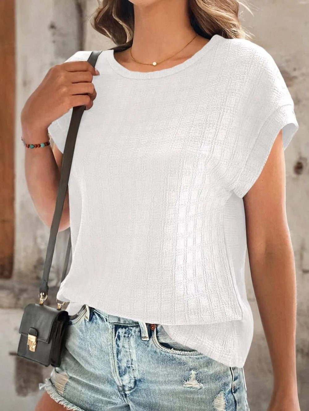Textured Round Neck Short Sleeve Top - Trendsi - Flyclothing LLC