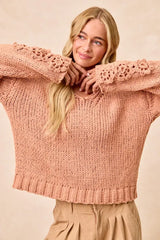 BiBi Chunky Knit Sweater with Flower Detail Sleeves - Trendsi - Flyclothing LLC