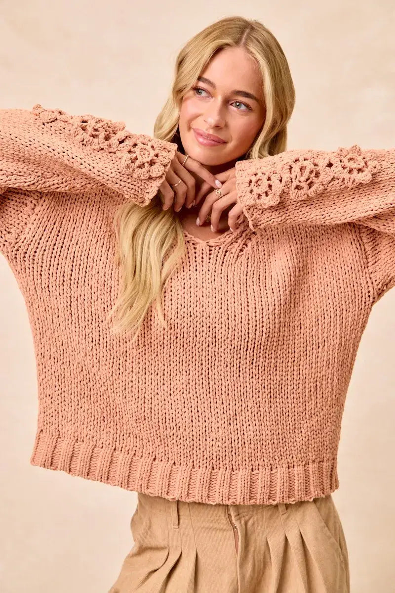 BiBi Chunky Knit Sweater with Flower Detail Sleeves - Trendsi - Flyclothing LLC