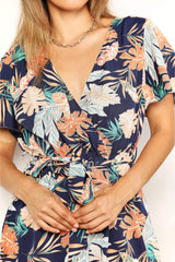 Honey Botanical Print Surplice Neck Tie Waist Romper - Trendsi - Flyclothing LLC