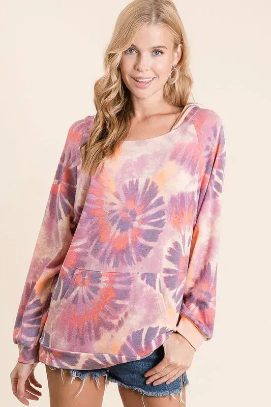 BiBi Circular Tie Dye Print Terry Hoodie with Kangaroo - Trendsi - Flyclothing LLC