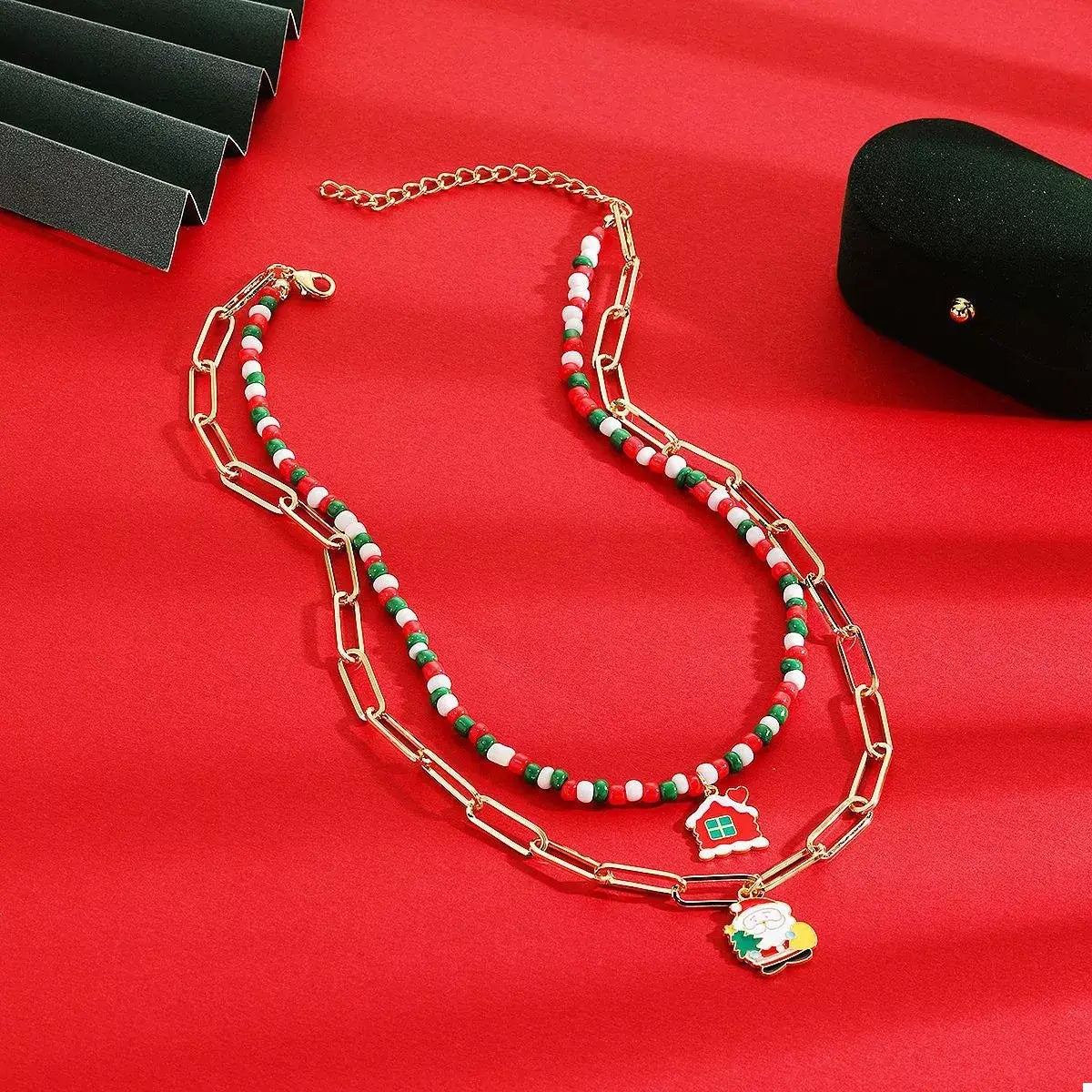 Christmas Double-Layer Necklace with Colorful Beads and Pendant - Trendsi - Flyclothing LLC