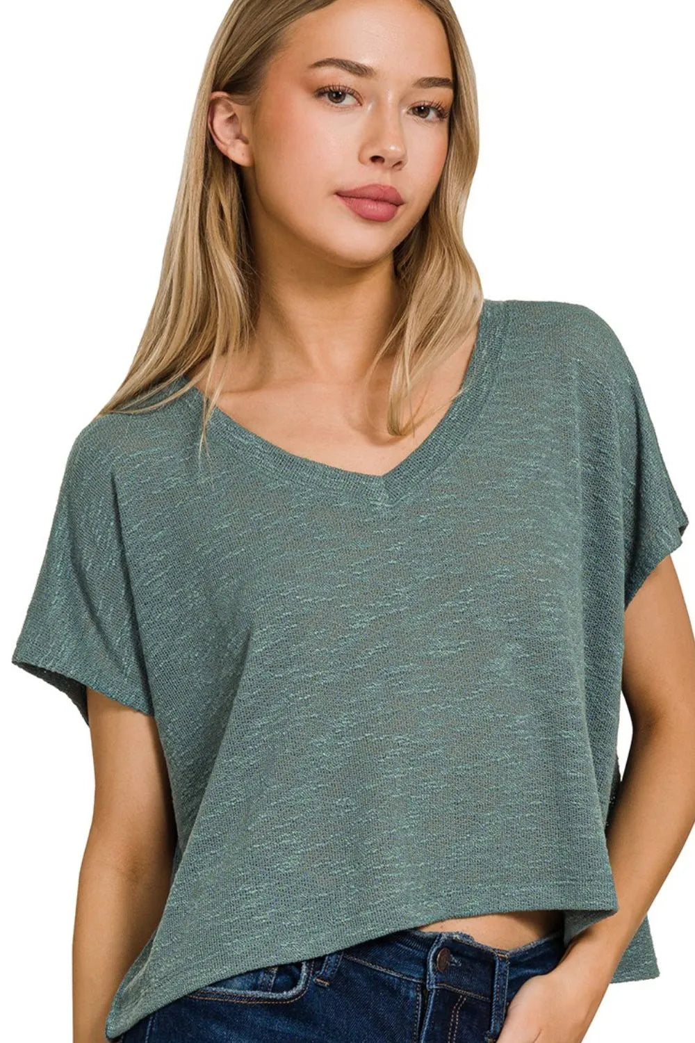Zenana Hacci Slub V-neck Drop Shoulder Crop Top - Trendsi