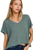 Zenana Hacci Slub V-neck Drop Shoulder Crop Top - Trendsi
