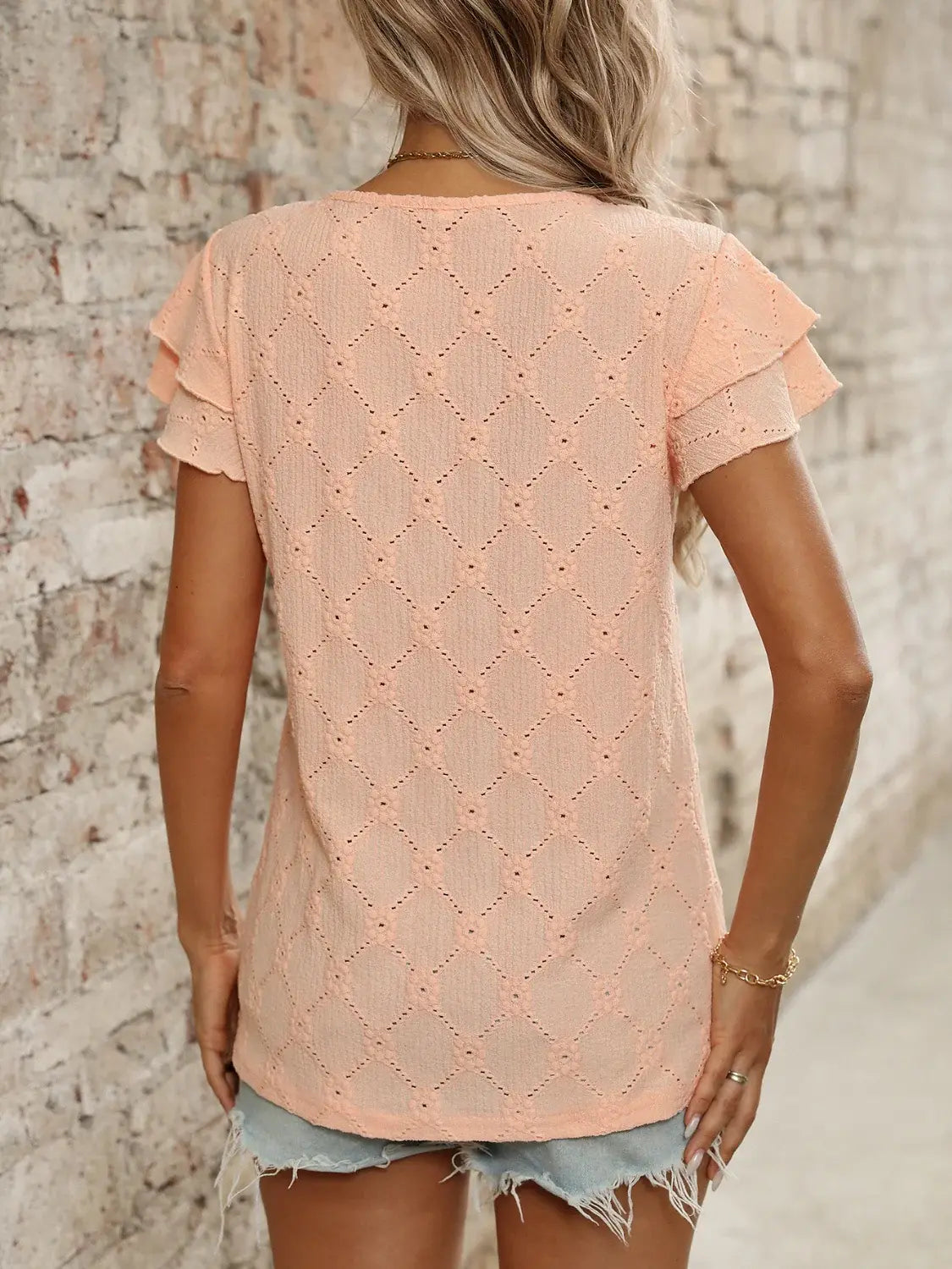 Eyelet Round Neck Double Layered Ruffled Short Sleeve Top - Trendsi - Flyclothing LLC