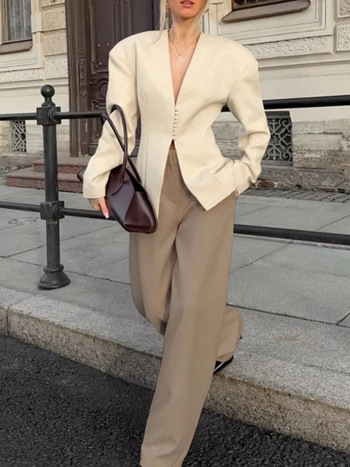 V-Neck Button-Up Blazer with Structured Shoulders - Trendsi - Flyclothing LLC