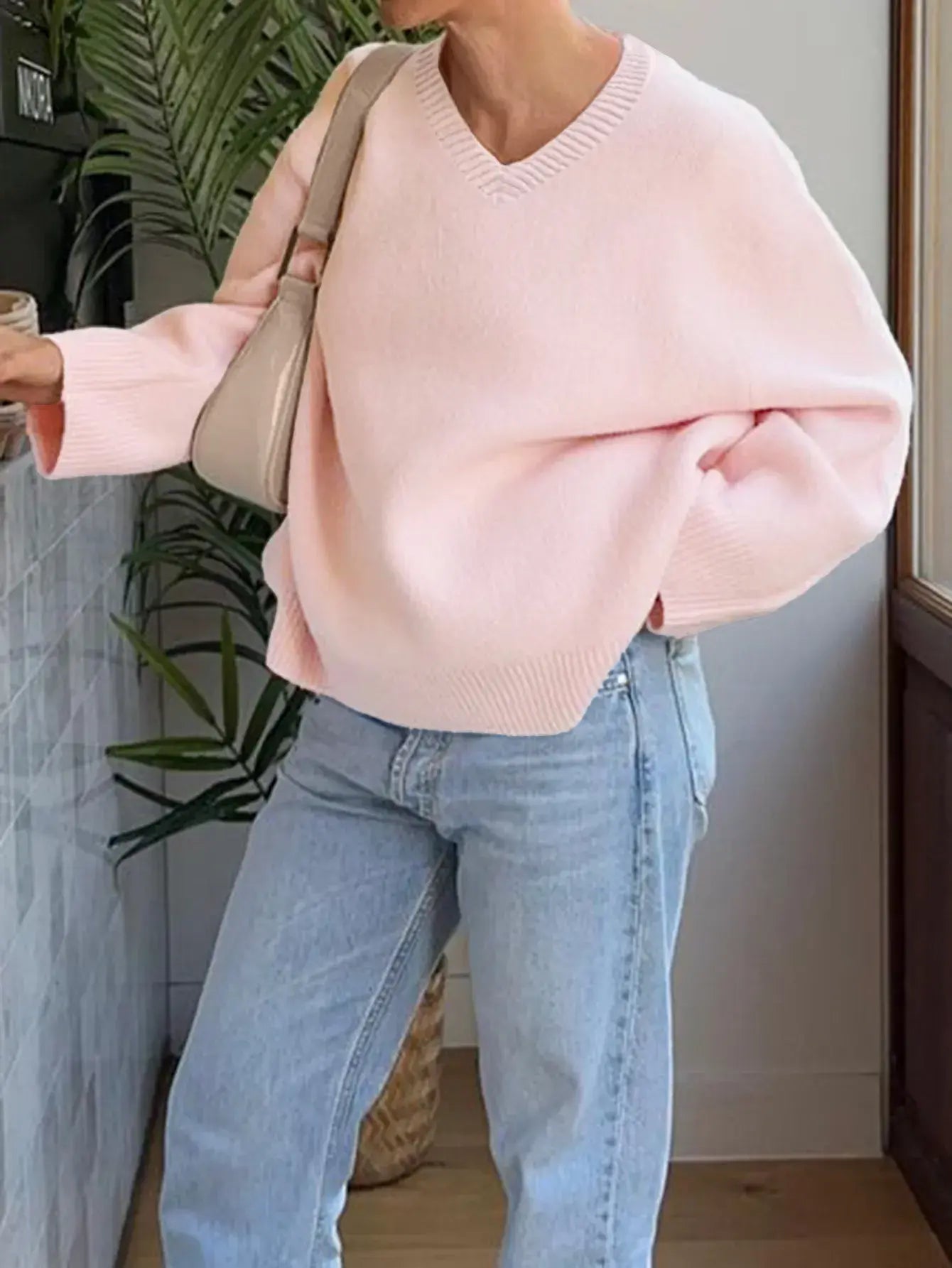 V-Neck Long Sleeve Sweater - Trendsi - Flyclothing LLC