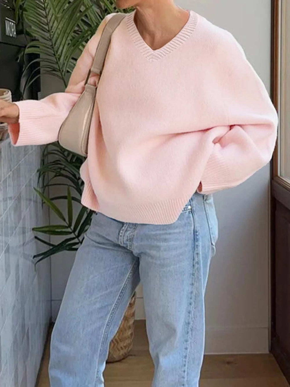 V-Neck Long Sleeve Sweater - Trendsi - Flyclothing LLC