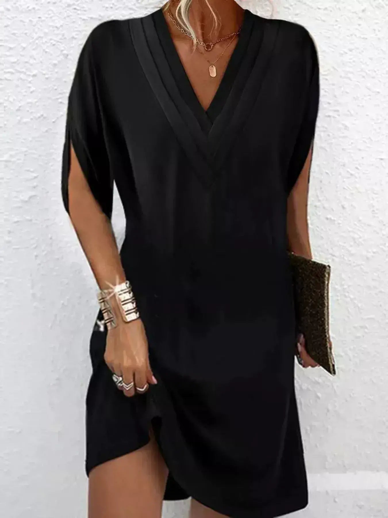Full Size V-Neck Slit Sleeve Mini Dress Plus Size - Trendsi - Flyclothing LLC