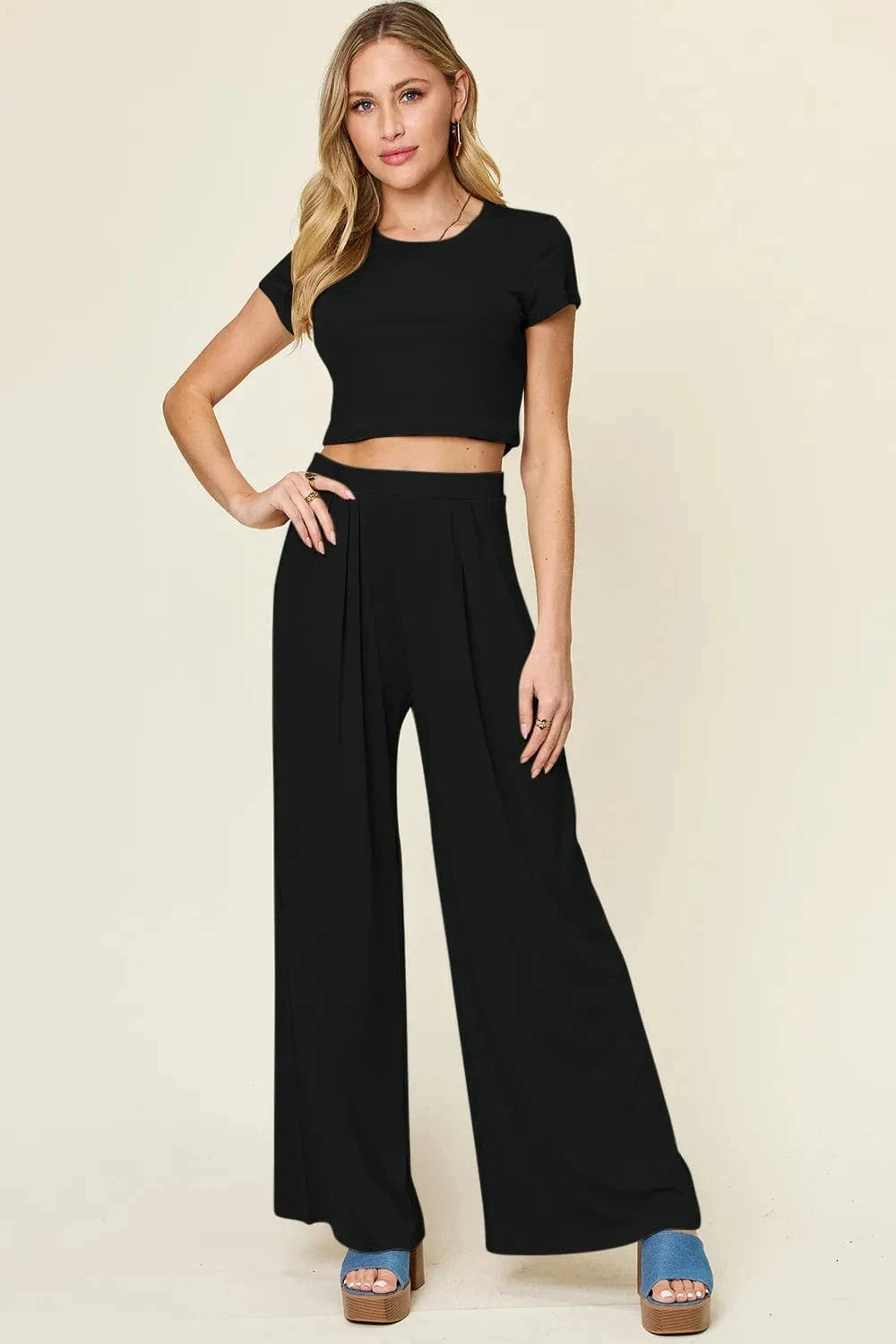 Double Take Full Size Round Neck Top and Pants Set - Trendsi