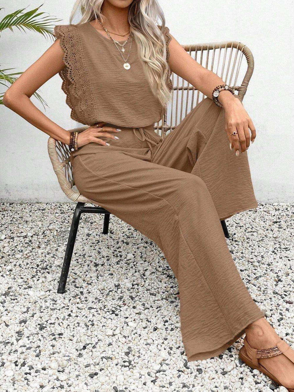 Lace Trim Round Neck Top and Pants Set - Trendsi - Flyclothing LLC