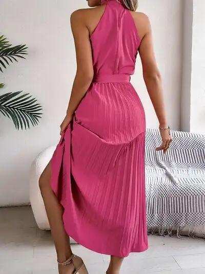 Pleated Tie Waist Sleeveless Midi Dress - Trendsi - Flyclothing LLC