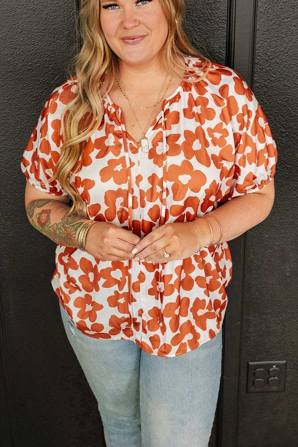Plus Size Printed Tie Neck Short Sleeve Blouse - Trendsi - Flyclothing LLC