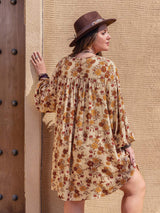 Plus Size Printed V-Neck Balloon Sleeve Mini Dress - Trendsi - Flyclothing LLC