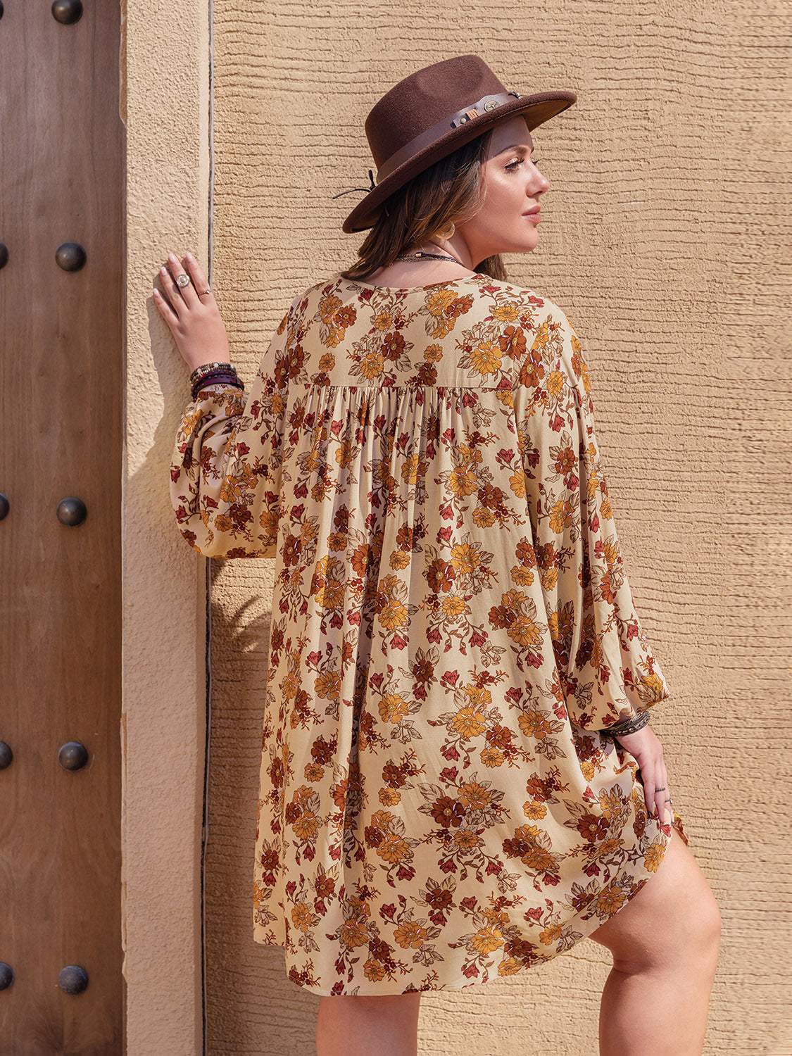 Plus Size Printed V-Neck Balloon Sleeve Mini Dress - Trendsi - Flyclothing LLC